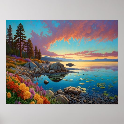 Colorful Mountain Lake Flowers Art Poster (Voorkant)