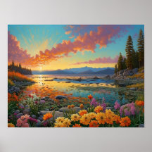 Colorful Mountain Lake Flowers Art
