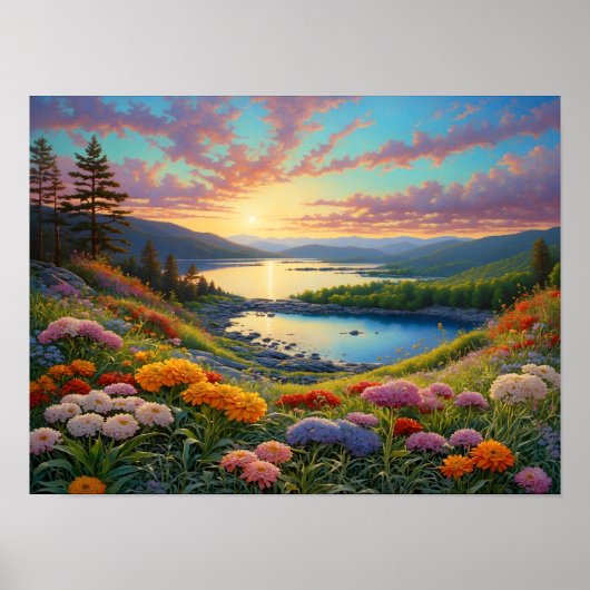 Colorful Mountain Lake Flowers Art Poster (Voorkant)