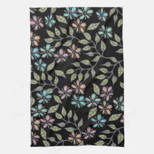 Colorful Multicolor Floral met Black Tea Towel Theedoek