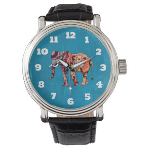 Colorful Multicolored Elephant op blauwe achtergro Horloge