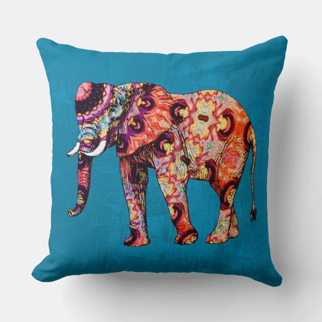 Colorful Multicolored Elephant op blauwe achtergro Kussen (Voorkant)