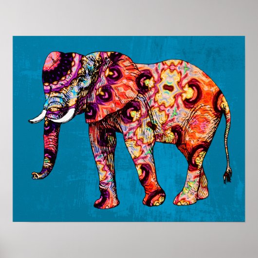 Colorful Multicolored Elephant op blauwe achtergro Poster (Voorkant)