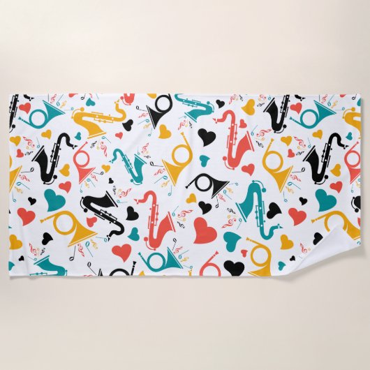 Colorful Music Instruments Note & Hearts Pattern Strandlaken (Voorkant)