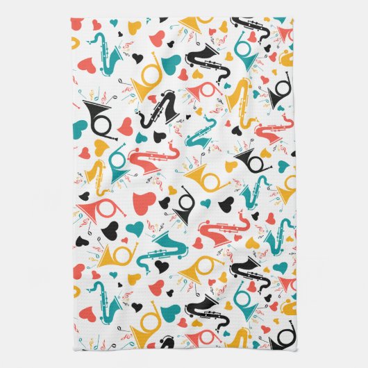 Colorful Music Instruments Note & Hearts Pattern Theedoek (Verticaal)