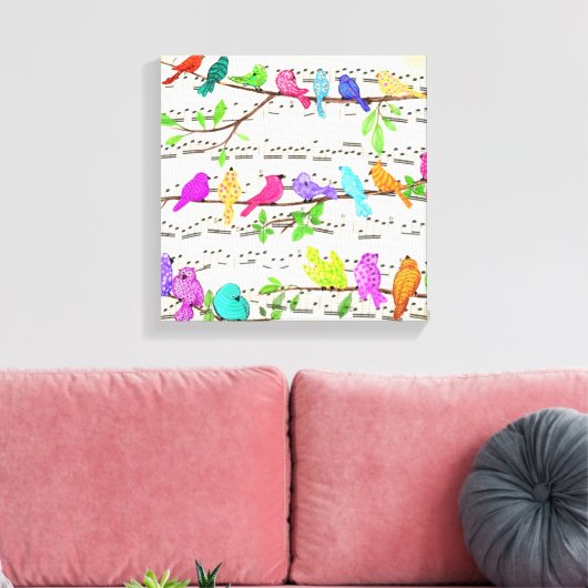 Colorful Musical Birds Canvas Print Spring (Insitu (Woonkamer))