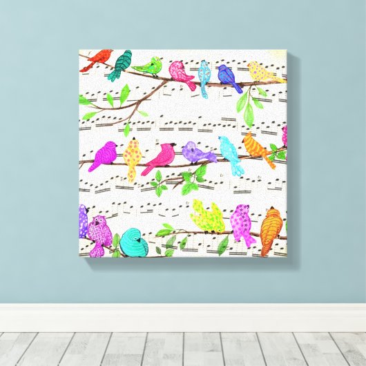 Colorful Musical Birds Canvas Print Spring (Insitu (Houten vloer))
