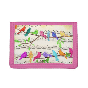 Colorful Musical Birds Pink Trifold Wallet Spring Drievoud Portemonnee