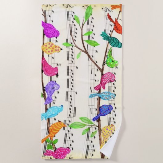 Colorful Musical Birds Symphony Beach Towel Strandlaken (Voorkant)