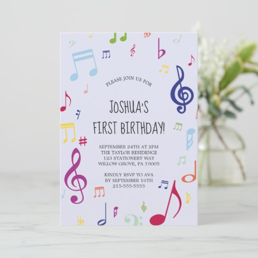 Colorful Musical Note First Birthday Party Kaart (Staand voorkant)