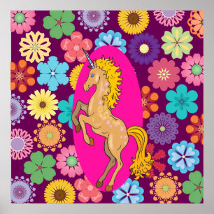 Colorful Mystical Unicorn op roze paarse bloemen Poster