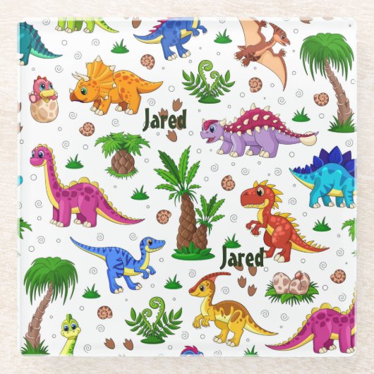 Colorful Name Seamless Pattern Dinosaur Glazen Onderzetter (Voorkant)