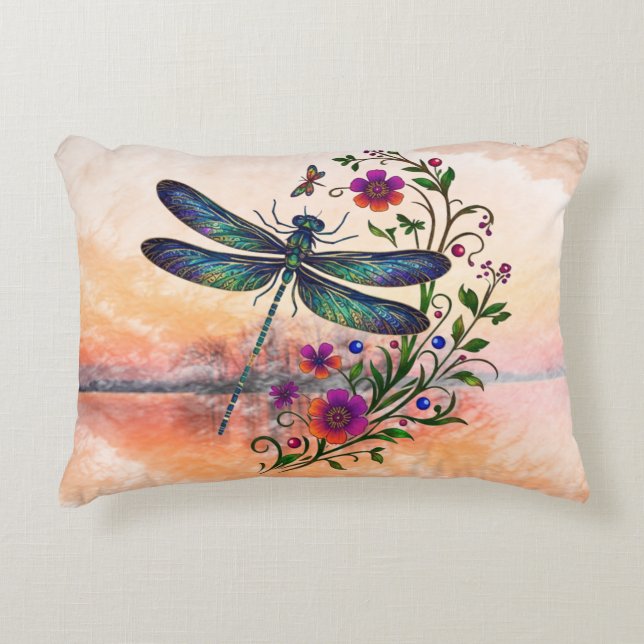 Colorful Nature Vibrant Dragonfly Floral Art  Accent Kussen (Voorkant)