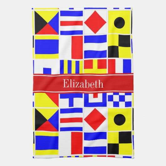 Colorful Nautical Signal Flags Red Name Monogram Theedoek (Verticaal)