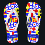 Colorful Nautical Signal Flags Royal Name Monogram Teenslippers<br><div class="desc">Kleurrijke Nautical Signal-vlaggen met Royal Blue Name Monogram Ribbon Label Aanpassen dit aan met jouw naam, monogram of andere tekst. U kunt de doopvont ook veranderen, doopvontgrootte en doopvontkleur veranderen, de tekst bewegen, extra tekstgebieden toevoegen, enz. Wil je dit zien in een andere kleurencombinatie? Laat ons gewoon een e-mail! Gelieve...</div>