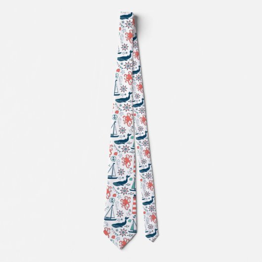 Colorful Nautical Symbols & Marine Life Pattern Stropdas (Voorkant)