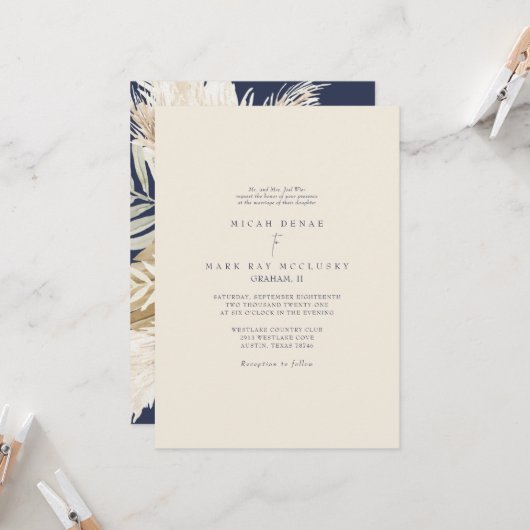 Colorful Navy & Beige Pampas Wedding Kaart (Voorkant / Achterkant in situ)