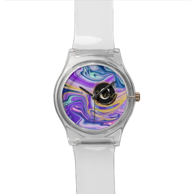 Colorful Neon Abstract Fluid Custom Name Monogram Horloge (Close Up)