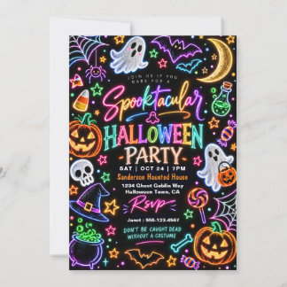 Colorful Neon Glow Spooky Halloween Party Kaart
