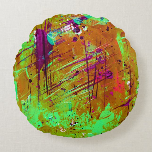 Colorful Neon Green Abstract Splatter Paint Rond Kussen (Voorkant)