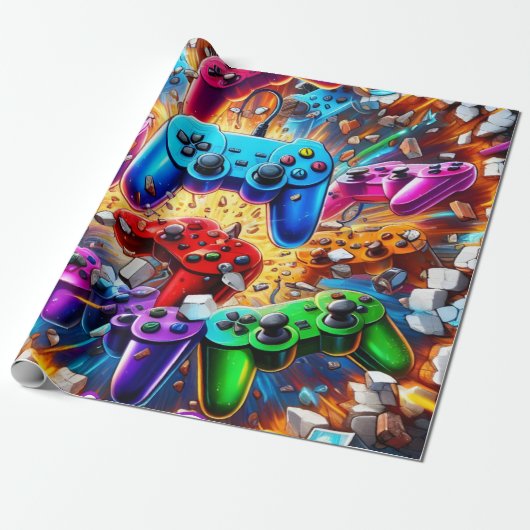 Colorful Neon Joysticks Pattern Cadeaupapier (Uitgerold)