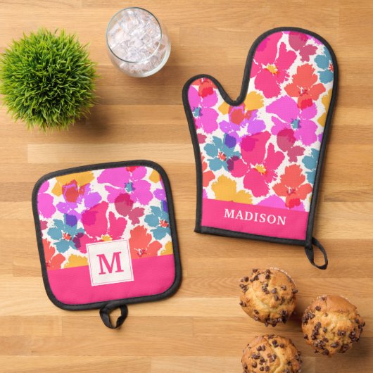 Colorful Neon Modern Flower Pattern Ovenwant & Pannenlap Set (Top down)