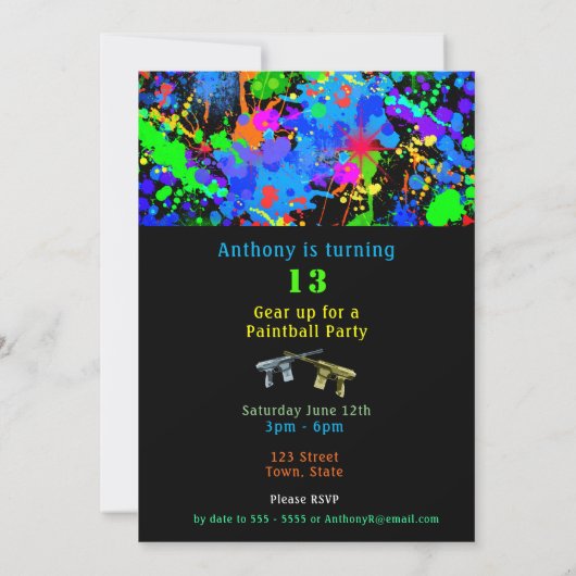 Colorful Neon Paint Splatter Paintball Birthday Kaart (Achterkant)