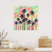 Colorful Neon Waterverf met zwarte palmbomen Poster (Keuken)