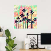 Colorful Neon Waterverf met zwarte palmbomen Poster (Thuiskantoor)