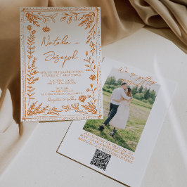 Colorful Orange Drawn Floral Photo QR Code Wedding Kaart