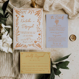 Colorful Orange Hand Drawn Floral Garden Wedding Kaart