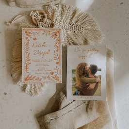 Colorful Orange Hand Drawn Floral Photo Wedding Kaart