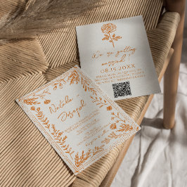 Colorful Orange Hand Drawn Floral QR Code Wedding Kaart