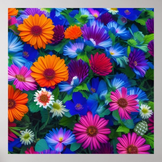Colorful Oranje Blue and Red Flowers Poster (Voorkant)