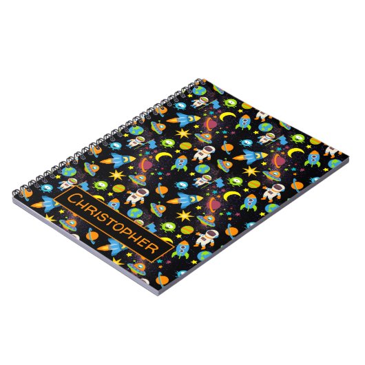 Colorful Outer Space Astronaut Rockets Black Notitieboek (Linkerzijde)
