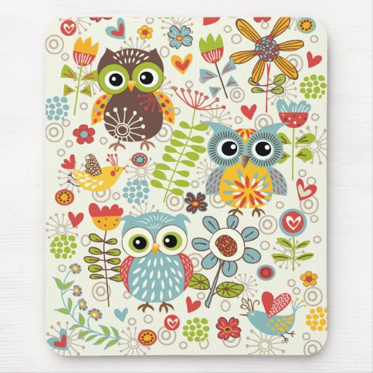 Colorful Owls and Flowers Happy Mousepad Muismat (Voorkant)