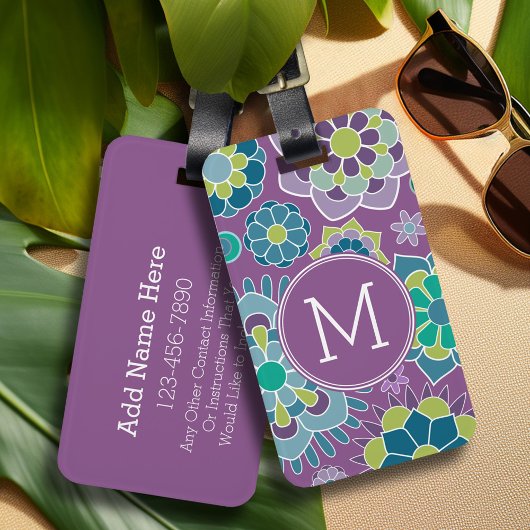 Colorful Paars Floral Pattern Custom Monogram Bagagelabel