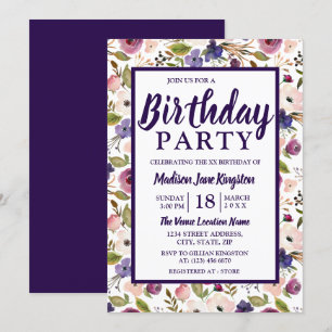 Colorful Paars Peach Floral Birthday Party Invite Kaart
