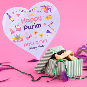 Colorful Paarse Kinderen Hebreeuws Happy Purim Hart Sticker