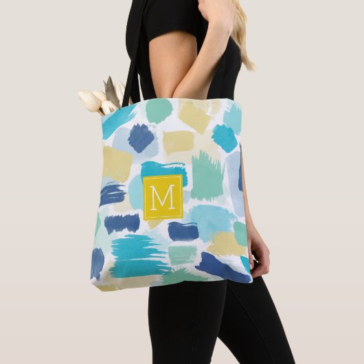 Colorful Paint Brush Strokes and Yellow Monogram Tote Bag (Dichtbij)