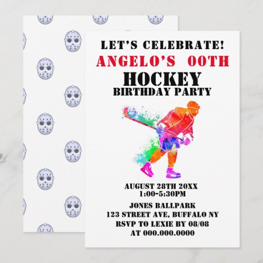 Colorful Paint Hockey Theme Birthday Party nodigt  (Voorkant / Achterkant)