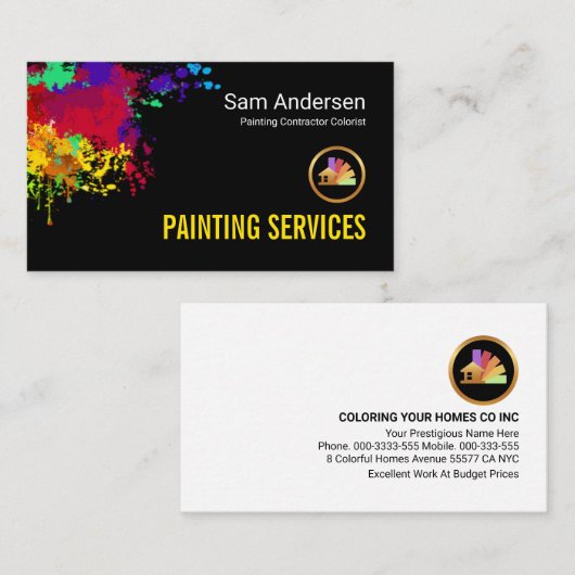 Colorful Paint Splatter Home Painter Service Visitekaartje (Voorkant / Achterkant)