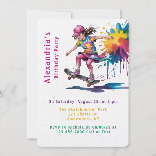 Colorful Painted Girl Skateboarder Birthday Party Kaart (Voorkant)