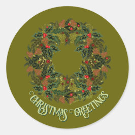 Colorful Paisley Wreath on Green Christmas Card Ronde Sticker