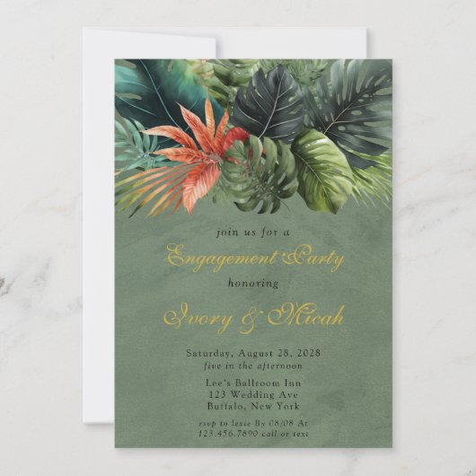 Colorful Palm Leaves Gold Engagement Party Kaart (Voorkant)