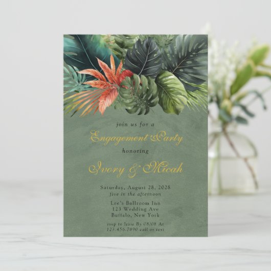 Colorful Palm Leaves Gold Engagement Party Kaart (Staand voorkant)