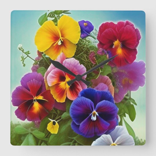 Colorful Pansies - AI ART Vierkante Klok (Voorkant)