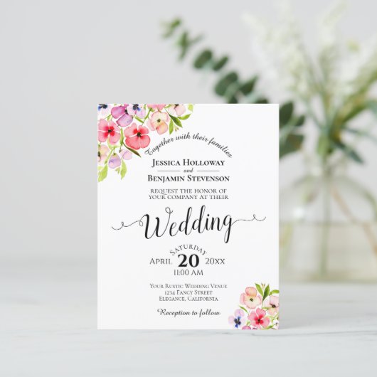 Colorful Pansies Elegant BUDGET Weduwuitnodiging (Staand voorkant)