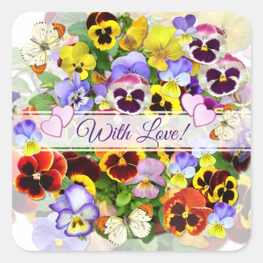 Colorful Pansy Arrangement met Butterflies Squa Vierkante Sticker (Voorkant)