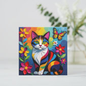 Colorful Paper Cat, Flowers and Butterflies Kaart (Staand voorkant)